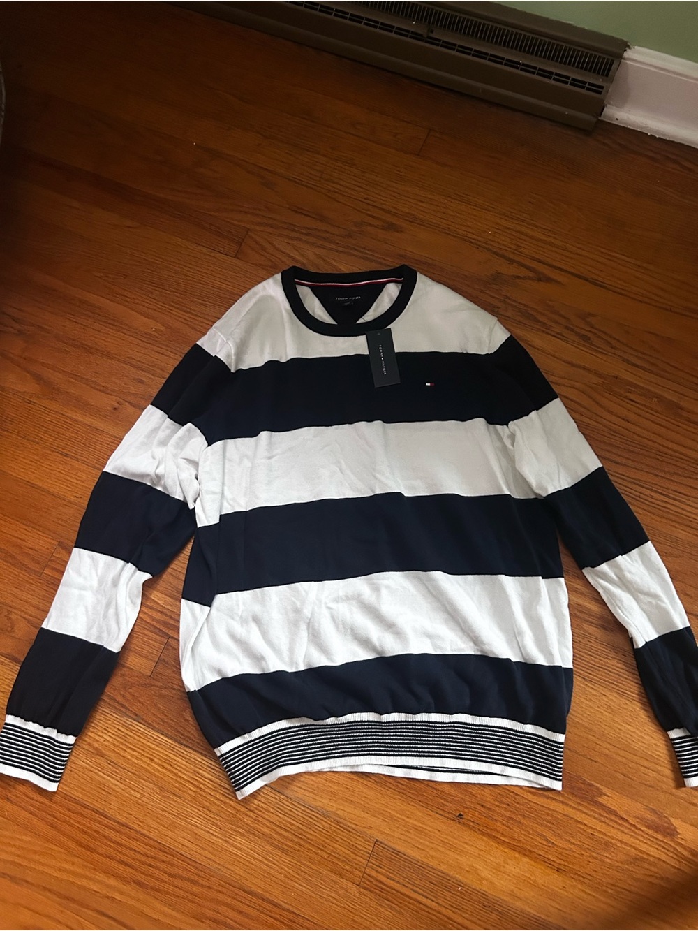Tommy Hilfiger Navy and White Wide-Stripe Crewneck Sweater